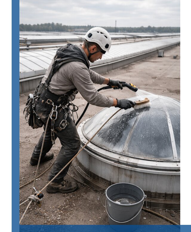 Мойка зенитных фонарей на кровле для промышленных объектов в Узловой