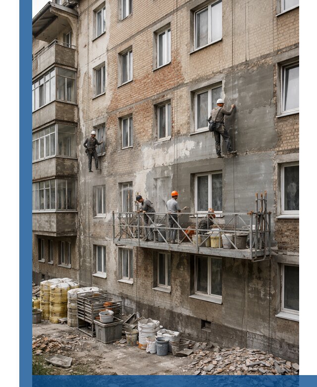 Капитальный ремонт фасада в Узловой с восстановлением и гидроизоляцией