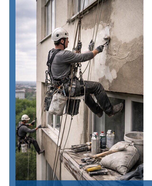 Косметический ремонт фасада зданий в Узловой промышленными альпинистами