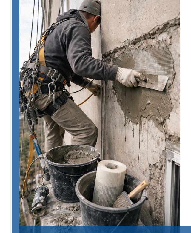 Ремонт бетонных элементов фасада промышленными альпинистами в Узловой