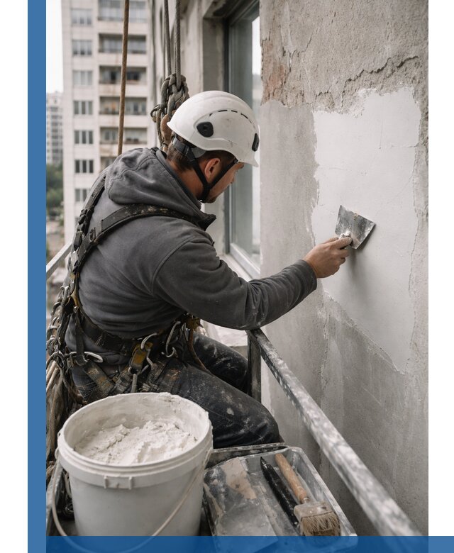 Шпаклевка фасадов на высоте с промальпинистами в Узловой