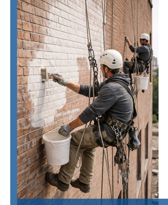 Покраска кирпичного фасада с доступным альпинистским сервисом в Узловой