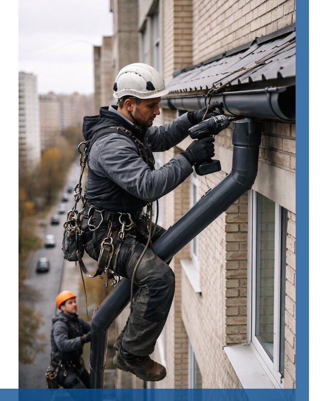 Монтаж водосточной системы на здании в Узловой от 5093 р. | ВЫСОТНИК-Злв