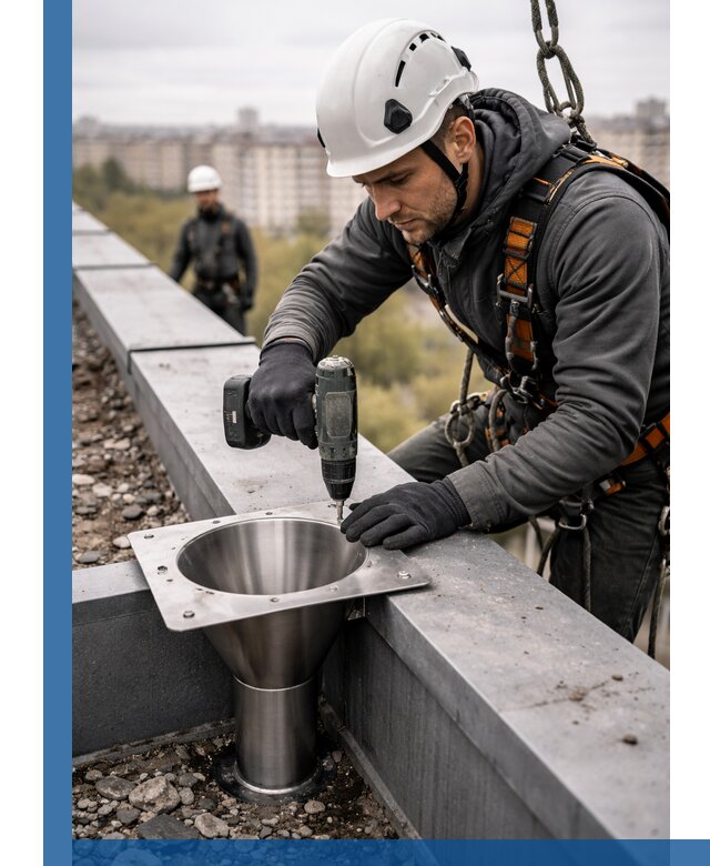 Монтаж водосточных воронок в Узловой для промышленных зданий