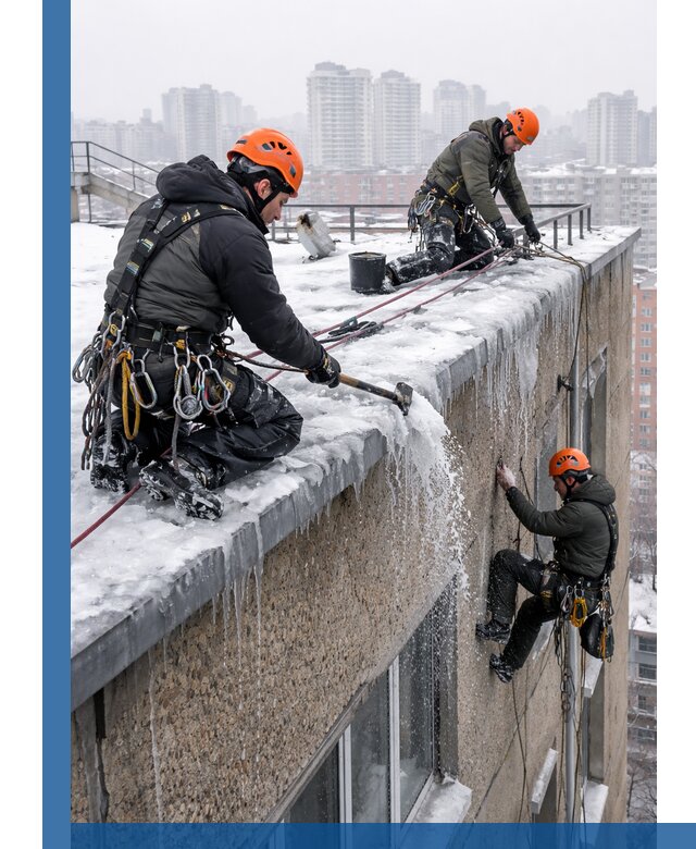 Удаление наледи с кровли в Узловой промышленными альпинистами