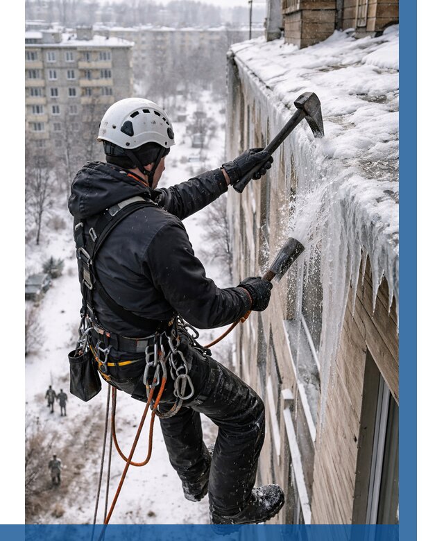 Сбивание сосулек с крыши в Узловой по цене от 4583 р. | ВЫСОТНИК-Злв