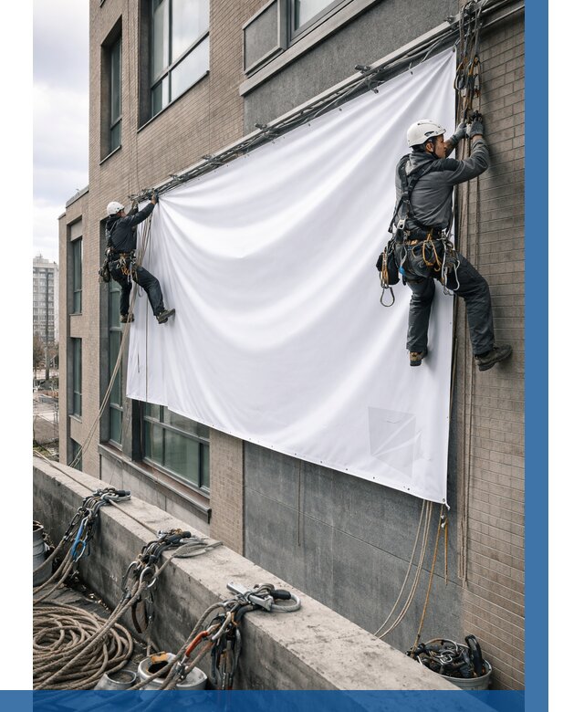 Монтаж баннеров на фасаде в Узловой от 662 р. заказать ВЫСОТНИК-Злв