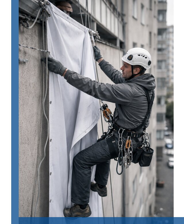 Замена баннерного полотна промышленными альпинистами в Узловой