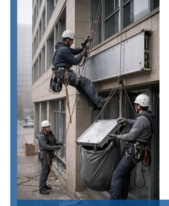 Демонтаж рекламной вывески с высотными работами в Узловой