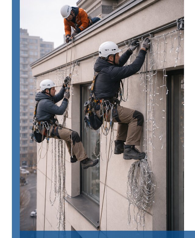 Монтаж праздничных гирлянд на фасаде в Узловой для зданий