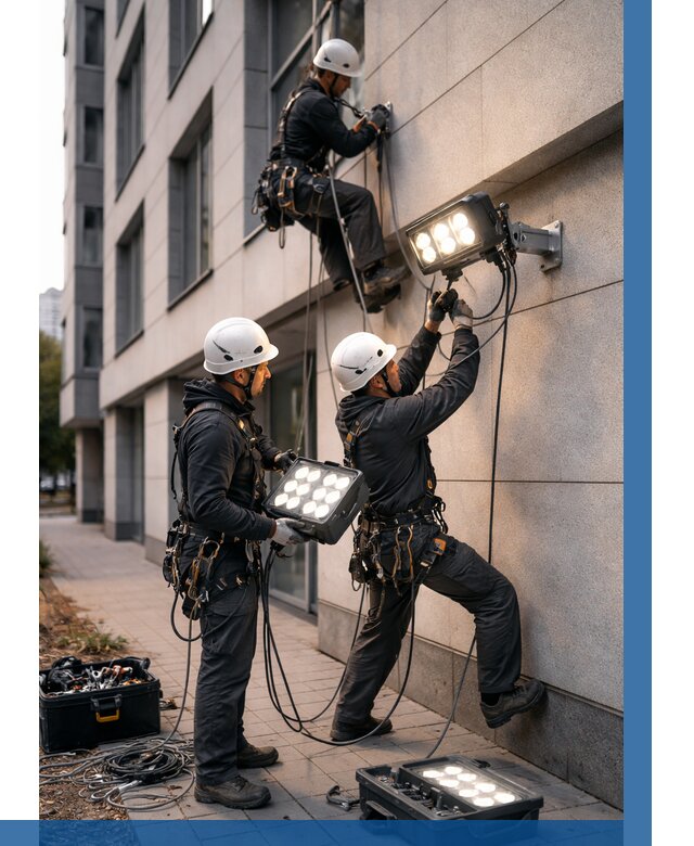 Монтаж прожекторов на фасаде в Узловой от 7639 р. | ВЫСОТНИК-Злв
