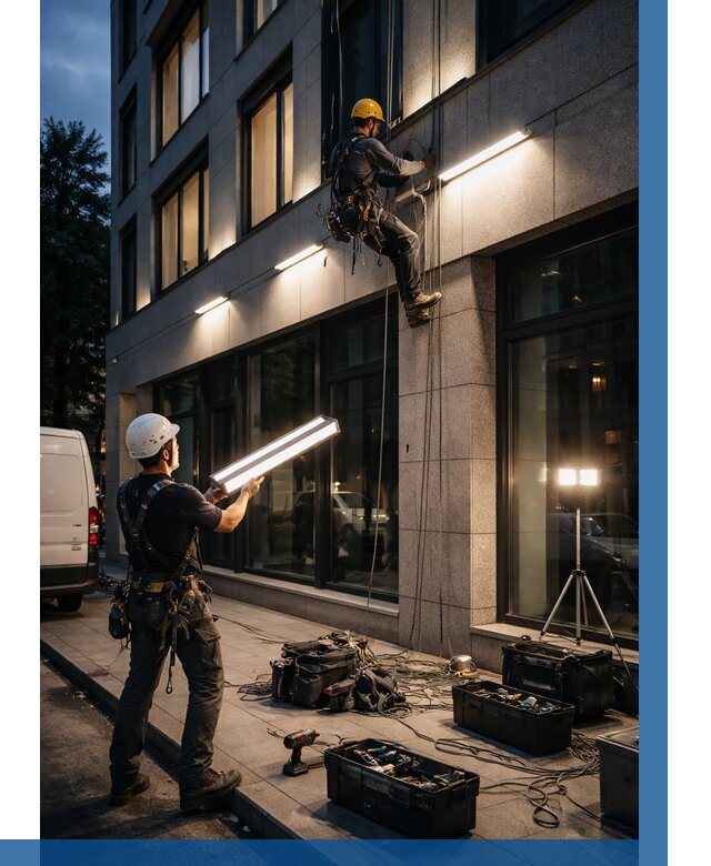 Монтаж архитектурной подсветки здания в Узловой от 2546 р.|ВЫСОТНИК-Злв