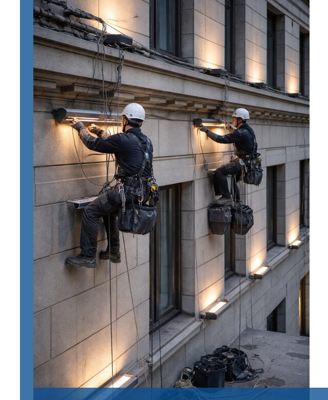 Монтаж архитектурной подсветки фасадов зданий в Узловой