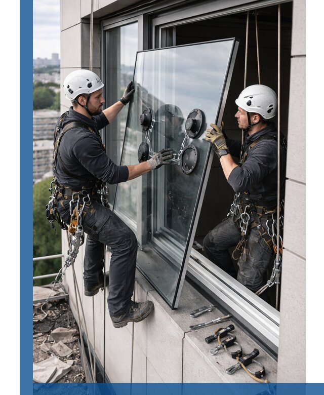 Замена стеклопакетов на высоте с промышленными альпинистами в Узловой