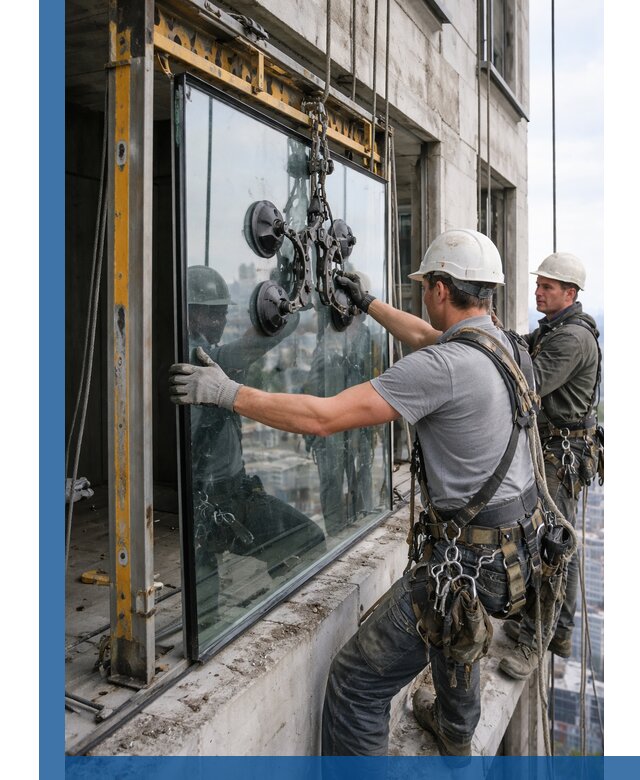 Монтаж стеклопакетов на высоте в Узловой с промышленным альпинизмом