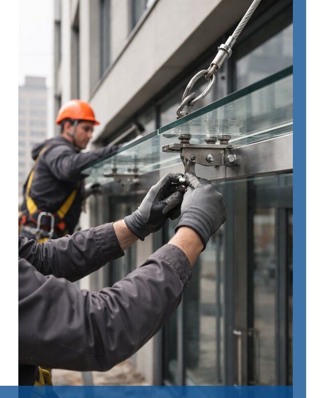 Монтаж стеклянных козырьков в Узловой от 8657 р. | ВЫСОТНИК-Злв