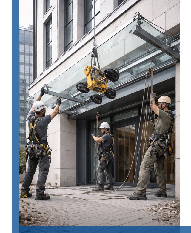 Монтаж стеклянных козырьков под ключ в Узловой для зданий