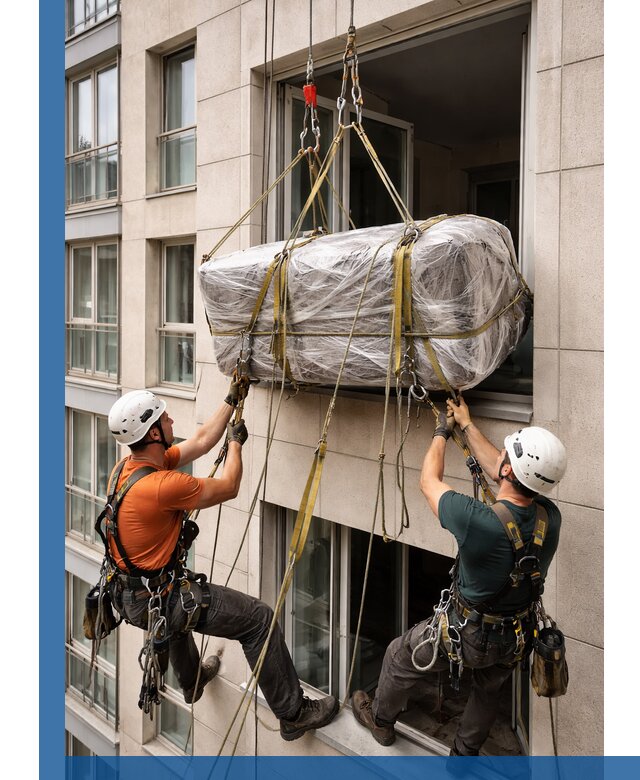 Подъем грузов через окно в Узловой промышленными альпинистами