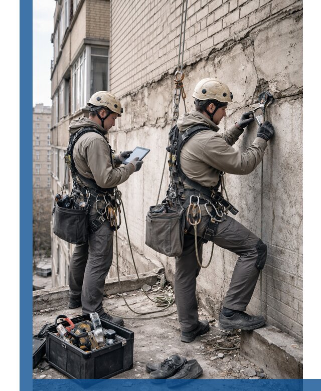 Обследование фасада промышленными альпинистами в Узловой